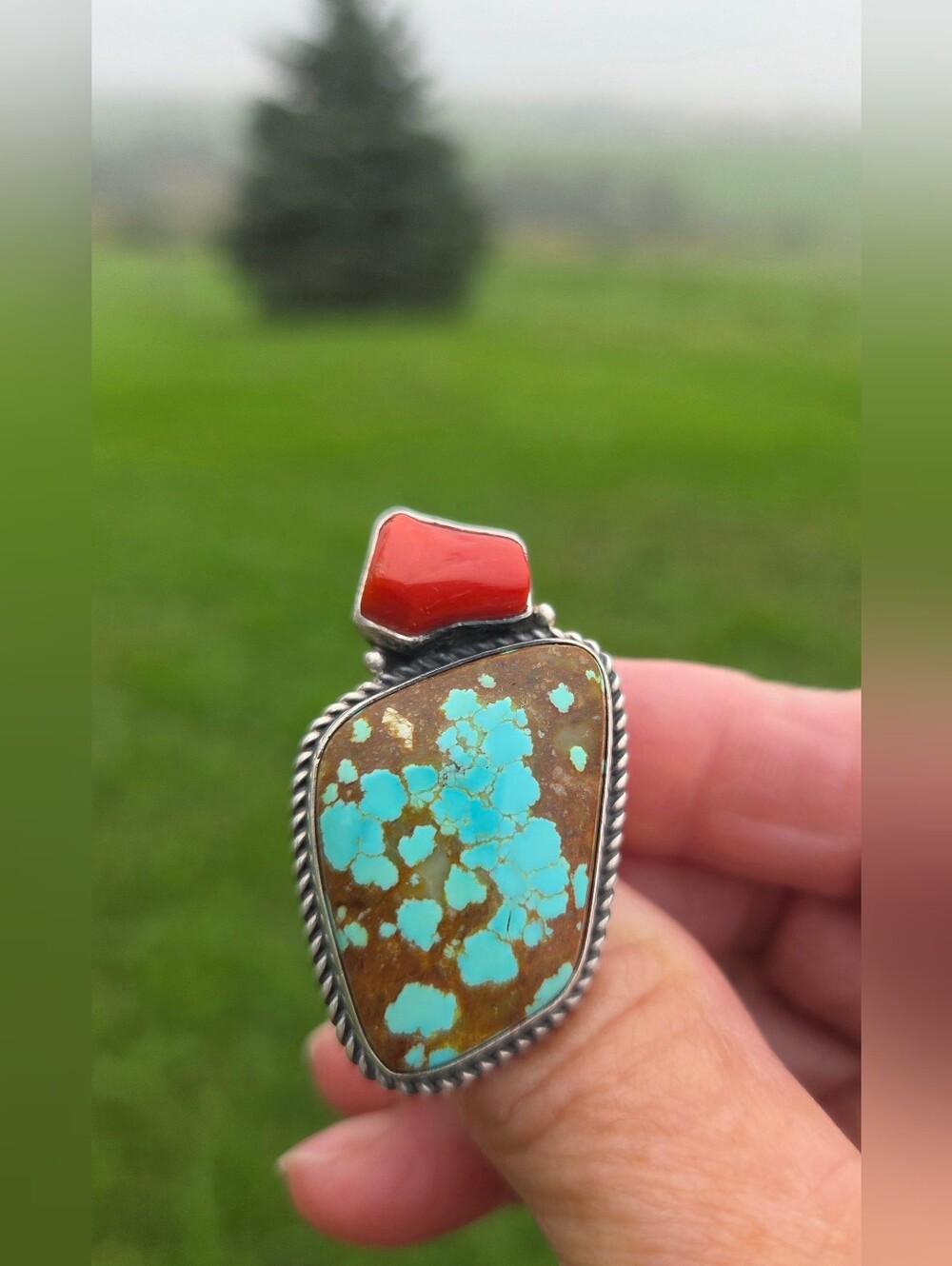 GORGEOUS NUMBER 8 TURQUOISE CORAL RING NAVAJO MADE SIZE 8 NICHOLAS JACKSON
